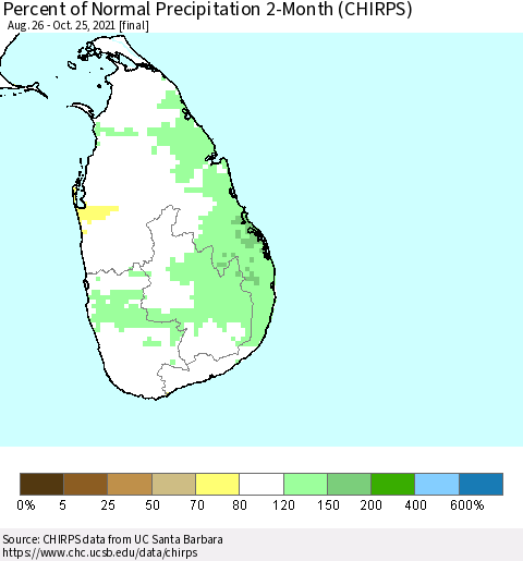 Sri Lanka Percent of Normal Precipitation 2-Month (CHIRPS) Thematic Map For 8/26/2021 - 10/25/2021