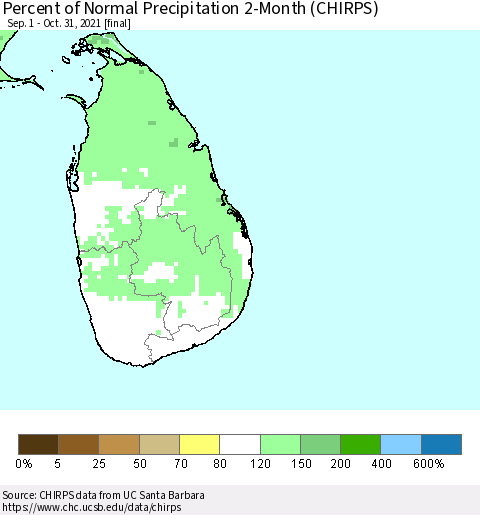 Sri Lanka Percent of Normal Precipitation 2-Month (CHIRPS) Thematic Map For 9/1/2021 - 10/31/2021