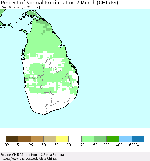 Sri Lanka Percent of Normal Precipitation 2-Month (CHIRPS) Thematic Map For 9/6/2021 - 11/5/2021