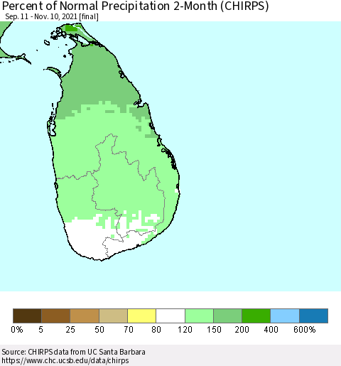 Sri Lanka Percent of Normal Precipitation 2-Month (CHIRPS) Thematic Map For 9/11/2021 - 11/10/2021