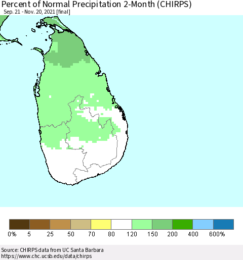 Sri Lanka Percent of Normal Precipitation 2-Month (CHIRPS) Thematic Map For 9/21/2021 - 11/20/2021