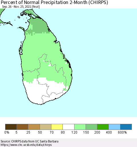 Sri Lanka Percent of Normal Precipitation 2-Month (CHIRPS) Thematic Map For 9/26/2021 - 11/25/2021