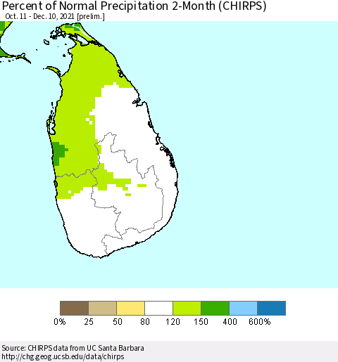 Sri Lanka Percent of Normal Precipitation 2-Month (CHIRPS) Thematic Map For 10/11/2021 - 12/10/2021