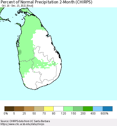 Sri Lanka Percent of Normal Precipitation 2-Month (CHIRPS) Thematic Map For 10/16/2021 - 12/15/2021