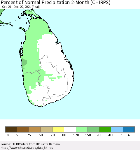 Sri Lanka Percent of Normal Precipitation 2-Month (CHIRPS) Thematic Map For 10/21/2021 - 12/20/2021