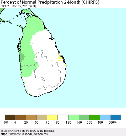 Sri Lanka Percent of Normal Precipitation 2-Month (CHIRPS) Thematic Map For 10/26/2021 - 12/25/2021