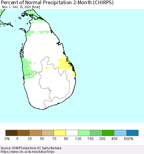 Sri Lanka Percent of Normal Precipitation 2-Month (CHIRPS) Thematic Map For 11/1/2021 - 12/31/2021