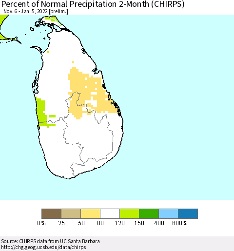 Sri Lanka Percent of Normal Precipitation 2-Month (CHIRPS) Thematic Map For 11/6/2021 - 1/5/2022