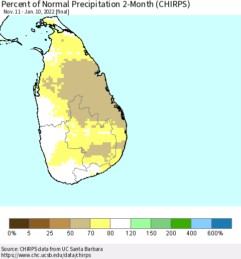Sri Lanka Percent of Normal Precipitation 2-Month (CHIRPS) Thematic Map For 11/11/2021 - 1/10/2022