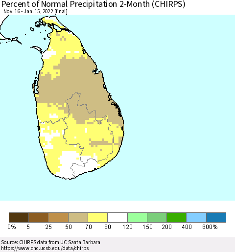 Sri Lanka Percent of Normal Precipitation 2-Month (CHIRPS) Thematic Map For 11/16/2021 - 1/15/2022