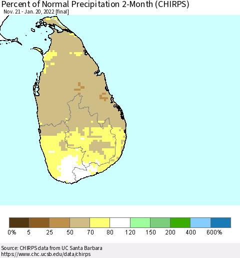 Sri Lanka Percent of Normal Precipitation 2-Month (CHIRPS) Thematic Map For 11/21/2021 - 1/20/2022