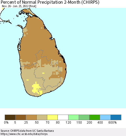 Sri Lanka Percent of Normal Precipitation 2-Month (CHIRPS) Thematic Map For 11/26/2021 - 1/25/2022