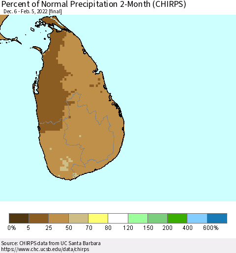 Sri Lanka Percent of Normal Precipitation 2-Month (CHIRPS) Thematic Map For 12/6/2021 - 2/5/2022