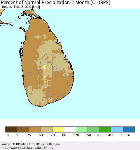 Sri Lanka Percent of Normal Precipitation 2-Month (CHIRPS) Thematic Map For 12/16/2021 - 2/15/2022