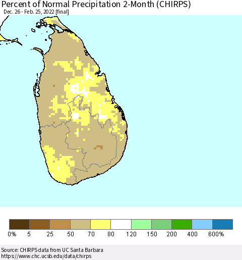 Sri Lanka Percent of Normal Precipitation 2-Month (CHIRPS) Thematic Map For 12/26/2021 - 2/25/2022