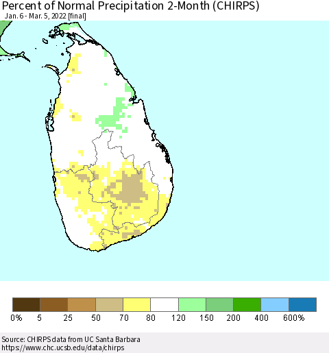 Sri Lanka Percent of Normal Precipitation 2-Month (CHIRPS) Thematic Map For 1/6/2022 - 3/5/2022