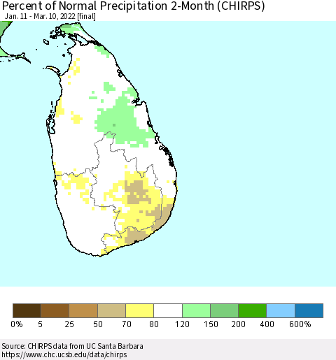 Sri Lanka Percent of Normal Precipitation 2-Month (CHIRPS) Thematic Map For 1/11/2022 - 3/10/2022