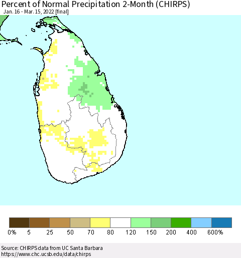 Sri Lanka Percent of Normal Precipitation 2-Month (CHIRPS) Thematic Map For 1/16/2022 - 3/15/2022