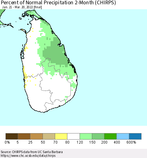 Sri Lanka Percent of Normal Precipitation 2-Month (CHIRPS) Thematic Map For 1/21/2022 - 3/20/2022