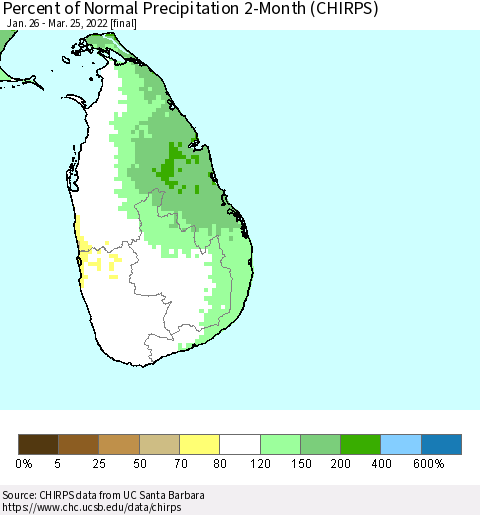 Sri Lanka Percent of Normal Precipitation 2-Month (CHIRPS) Thematic Map For 1/26/2022 - 3/25/2022