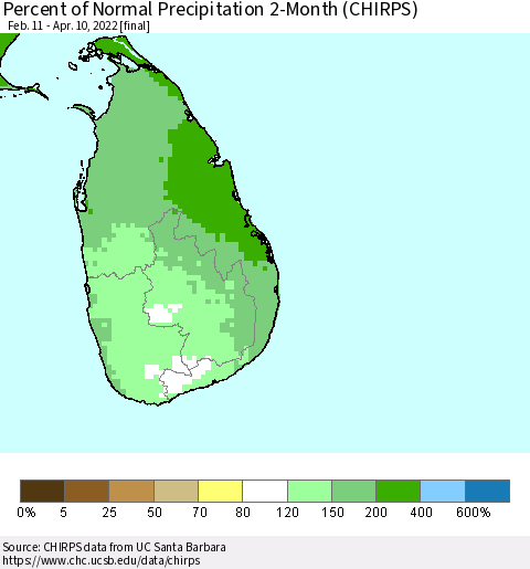 Sri Lanka Percent of Normal Precipitation 2-Month (CHIRPS) Thematic Map For 2/11/2022 - 4/10/2022