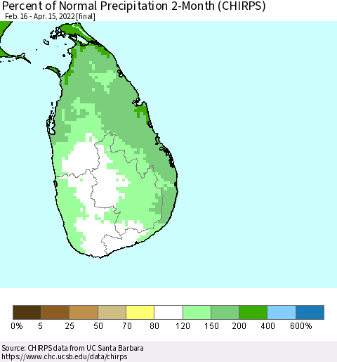 Sri Lanka Percent of Normal Precipitation 2-Month (CHIRPS) Thematic Map For 2/16/2022 - 4/15/2022