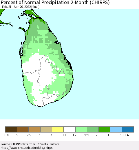 Sri Lanka Percent of Normal Precipitation 2-Month (CHIRPS) Thematic Map For 2/21/2022 - 4/20/2022