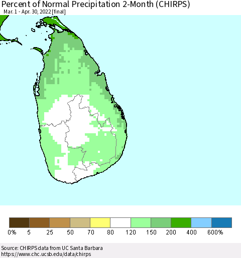 Sri Lanka Percent of Normal Precipitation 2-Month (CHIRPS) Thematic Map For 3/1/2022 - 4/30/2022