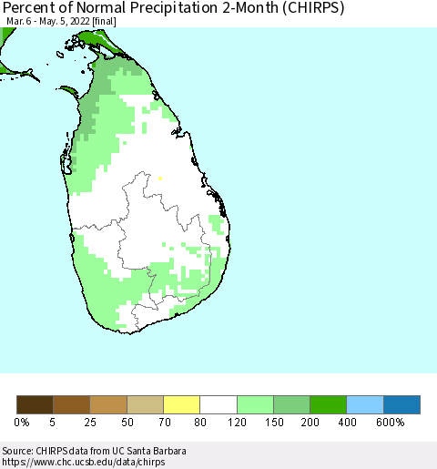 Sri Lanka Percent of Normal Precipitation 2-Month (CHIRPS) Thematic Map For 3/6/2022 - 5/5/2022