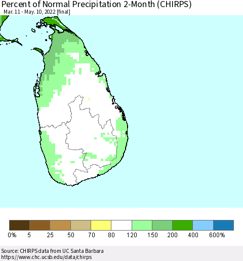 Sri Lanka Percent of Normal Precipitation 2-Month (CHIRPS) Thematic Map For 3/11/2022 - 5/10/2022