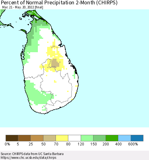 Sri Lanka Percent of Normal Precipitation 2-Month (CHIRPS) Thematic Map For 3/21/2022 - 5/20/2022