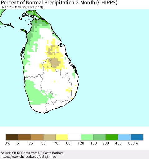 Sri Lanka Percent of Normal Precipitation 2-Month (CHIRPS) Thematic Map For 3/26/2022 - 5/25/2022
