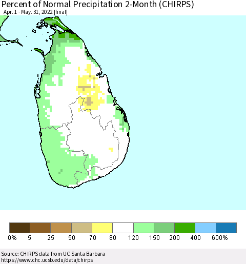 Sri Lanka Percent of Normal Precipitation 2-Month (CHIRPS) Thematic Map For 4/1/2022 - 5/31/2022