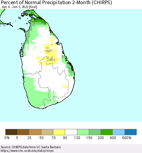 Sri Lanka Percent of Normal Precipitation 2-Month (CHIRPS) Thematic Map For 4/6/2022 - 6/5/2022