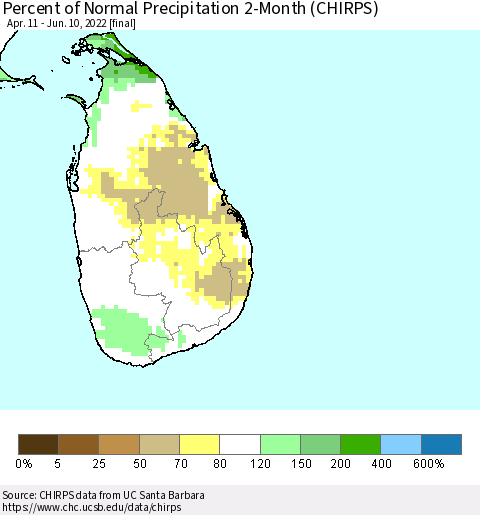 Sri Lanka Percent of Normal Precipitation 2-Month (CHIRPS) Thematic Map For 4/11/2022 - 6/10/2022