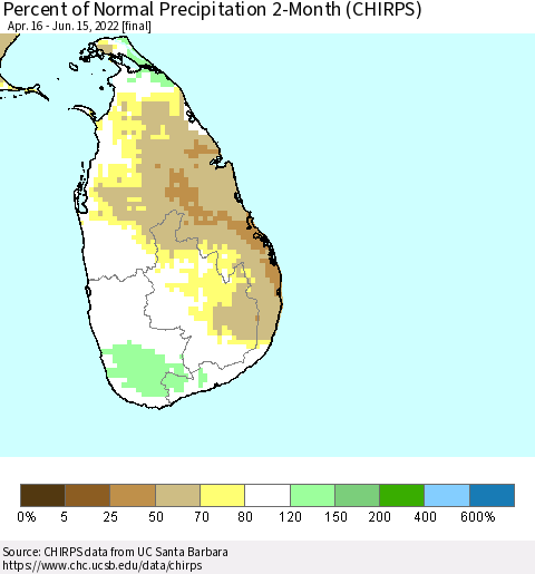 Sri Lanka Percent of Normal Precipitation 2-Month (CHIRPS) Thematic Map For 4/16/2022 - 6/15/2022