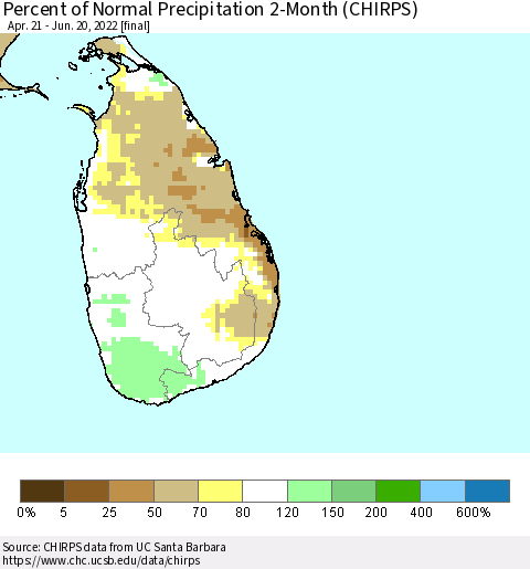 Sri Lanka Percent of Normal Precipitation 2-Month (CHIRPS) Thematic Map For 4/21/2022 - 6/20/2022