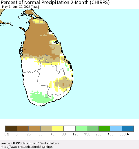 Sri Lanka Percent of Normal Precipitation 2-Month (CHIRPS) Thematic Map For 5/1/2022 - 6/30/2022