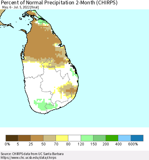 Sri Lanka Percent of Normal Precipitation 2-Month (CHIRPS) Thematic Map For 5/6/2022 - 7/5/2022
