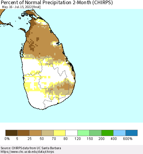 Sri Lanka Percent of Normal Precipitation 2-Month (CHIRPS) Thematic Map For 5/16/2022 - 7/15/2022