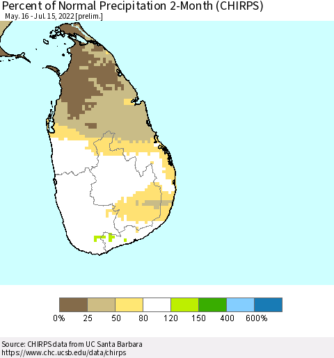 Sri Lanka Percent of Normal Precipitation 2-Month (CHIRPS) Thematic Map For 5/16/2022 - 7/15/2022