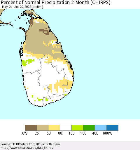 Sri Lanka Percent of Normal Precipitation 2-Month (CHIRPS) Thematic Map For 5/21/2022 - 7/20/2022