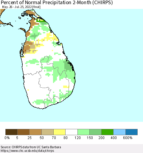 Sri Lanka Percent of Normal Precipitation 2-Month (CHIRPS) Thematic Map For 5/26/2022 - 7/25/2022