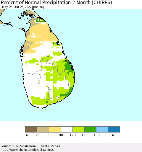 Sri Lanka Percent of Normal Precipitation 2-Month (CHIRPS) Thematic Map For 5/26/2022 - 7/25/2022