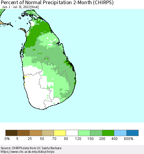 Sri Lanka Percent of Normal Precipitation 2-Month (CHIRPS) Thematic Map For 6/1/2022 - 7/31/2022
