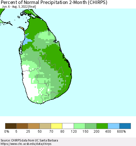 Sri Lanka Percent of Normal Precipitation 2-Month (CHIRPS) Thematic Map For 6/6/2022 - 8/5/2022