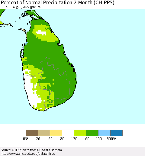 Sri Lanka Percent of Normal Precipitation 2-Month (CHIRPS) Thematic Map For 6/6/2022 - 8/5/2022