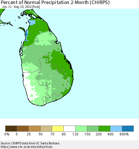 Sri Lanka Percent of Normal Precipitation 2-Month (CHIRPS) Thematic Map For 6/11/2022 - 8/10/2022