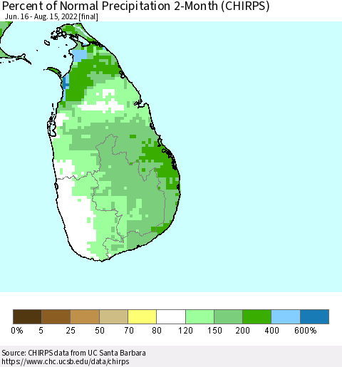 Sri Lanka Percent of Normal Precipitation 2-Month (CHIRPS) Thematic Map For 6/16/2022 - 8/15/2022