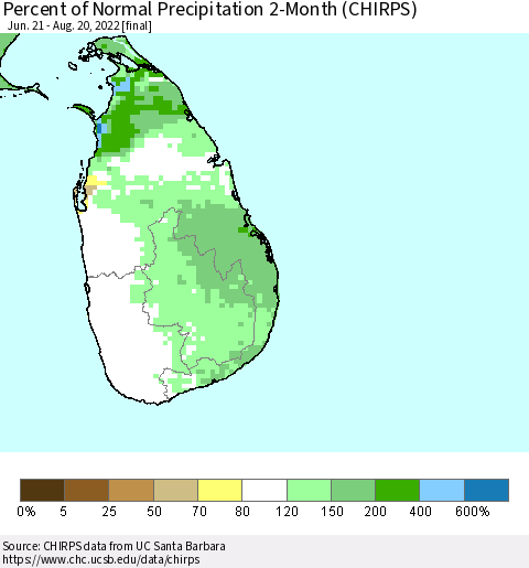 Sri Lanka Percent of Normal Precipitation 2-Month (CHIRPS) Thematic Map For 6/21/2022 - 8/20/2022